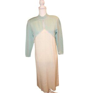 Vintage St. John Knit Dress Mint Green & Cream Wool Blend Midi Length